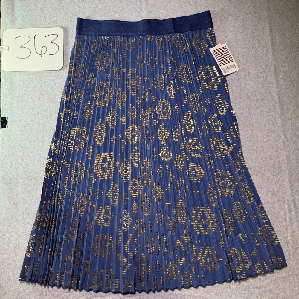 LuLaRoe Jill Blue Gold Foil Geometric Pleated Midi Skirt Large NWT